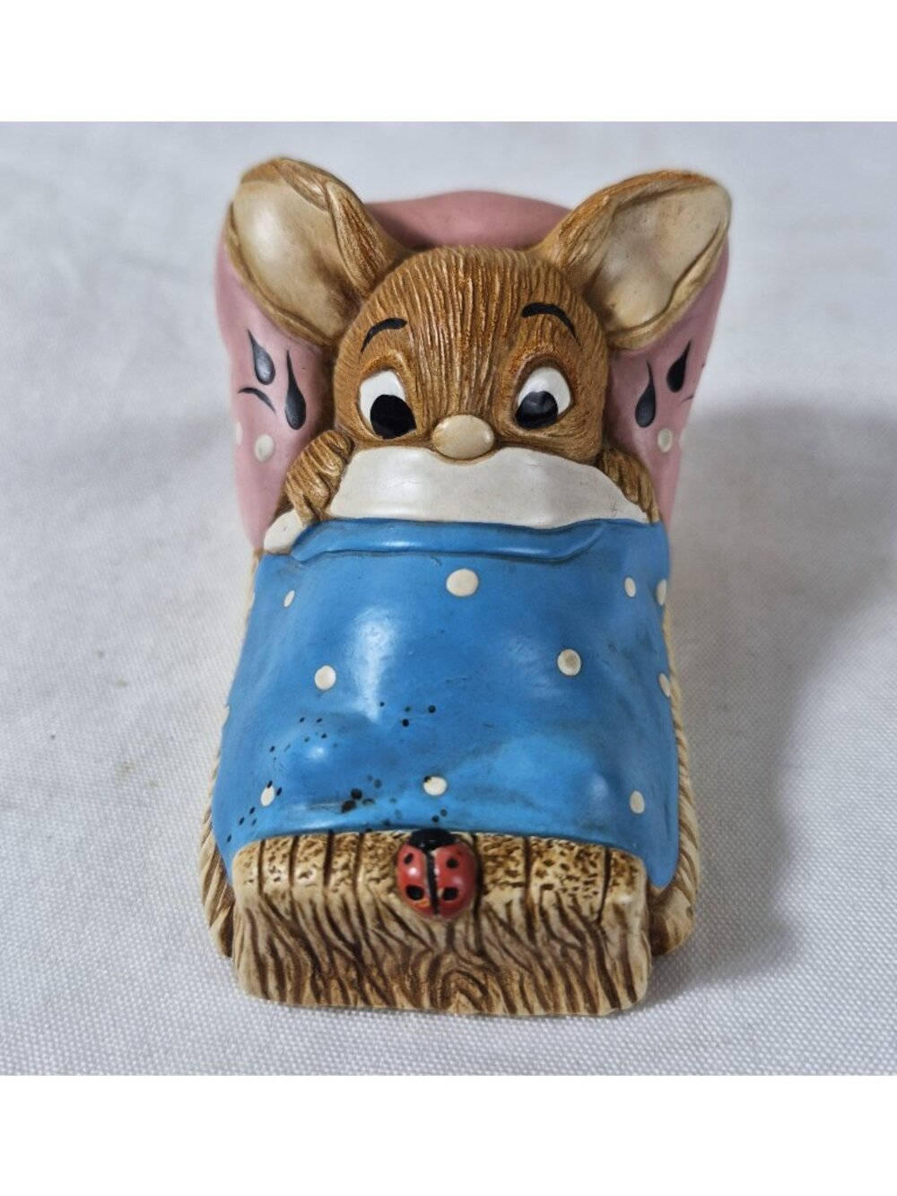 Vintage Pendlefin Wakey Rabbit in Bed Blue Blanket Ladybug England Figurine